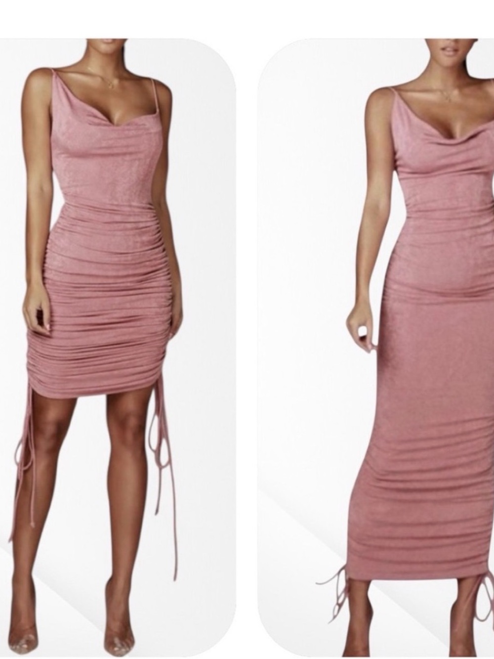 JLUXLABEL Dusty Rose Cowl Neck Ruched Mini Dress